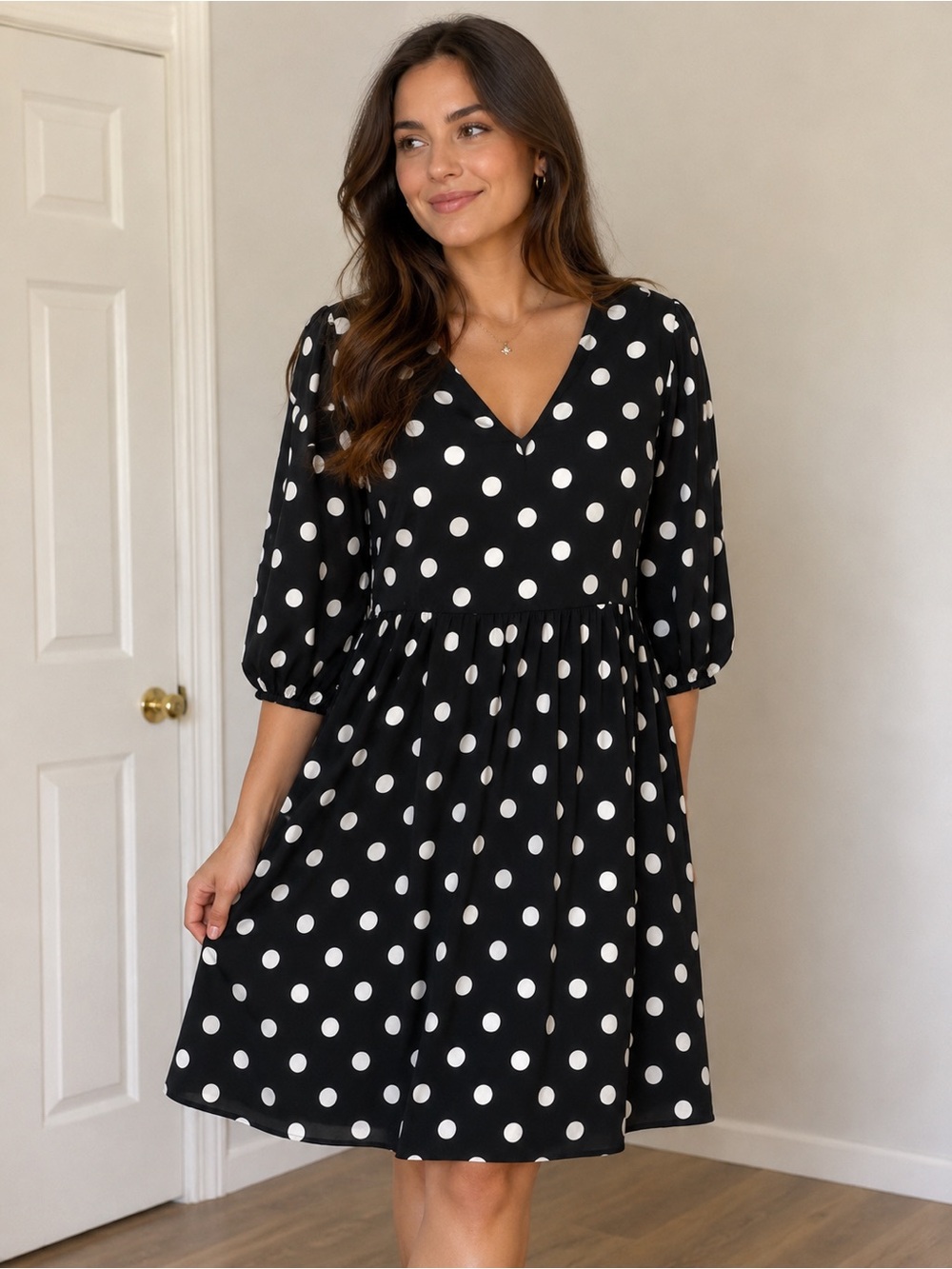 Ava & Viv Women’s 1X Black White Polka Dot Dress V-Neck 3/4 Sleeve Plus Size